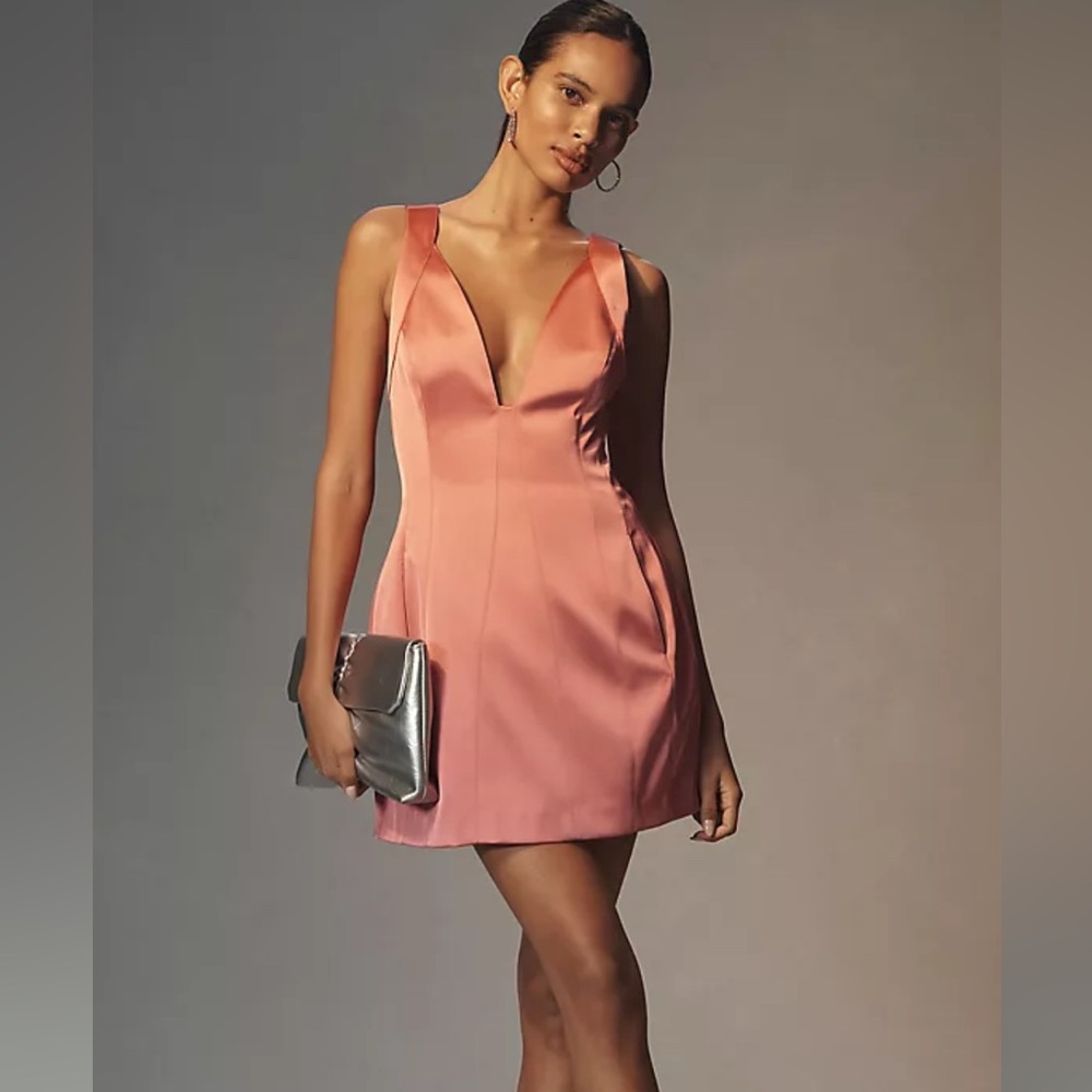 Anthropologie Satin V-Neck Mini Dress in Rose Gold